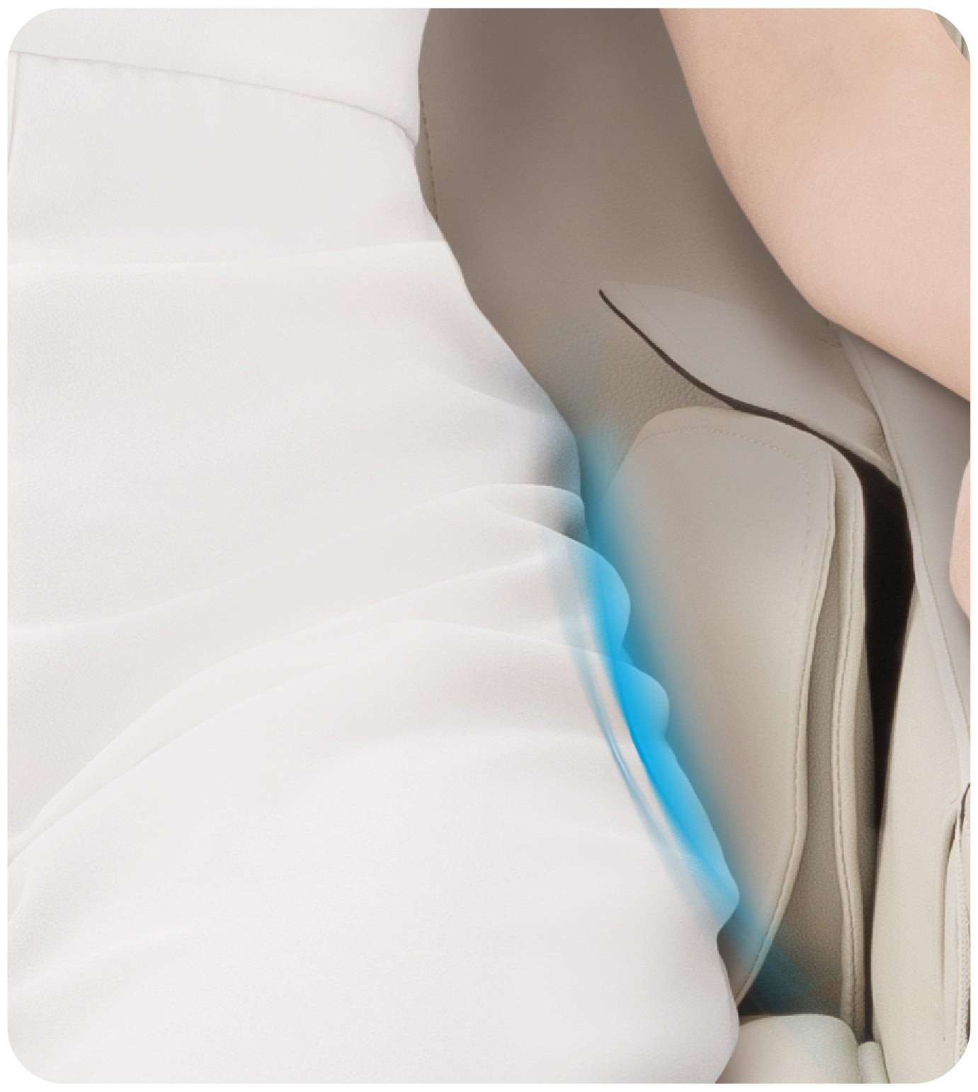Dual tracks delivering coordinated massage along the back and through the seat and hip area simultaneously. This balanced distribution of pressure helps relieve lower-back fatigue, reduce pressure from prolonged sitting/standing, and support overall spinal comfort.