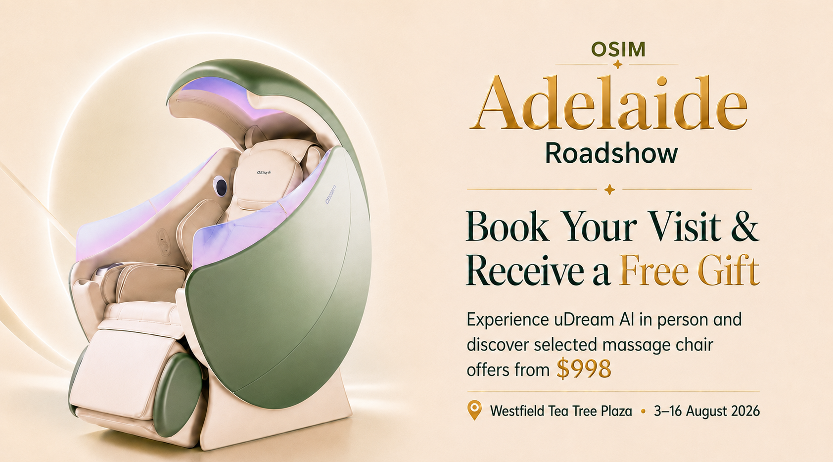 Osim Adelaidé Roadshow massage chair in green and beige with text on a beige event banner