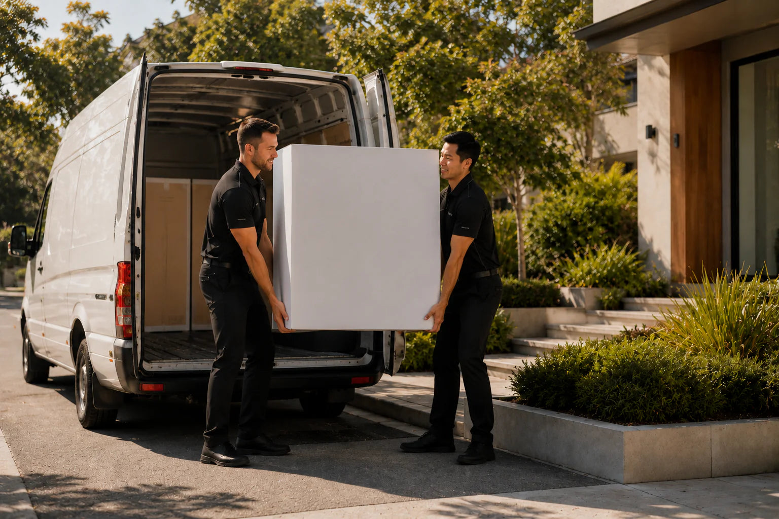 Osim delivery workers carry a large white box from an open van in a sunny residential street