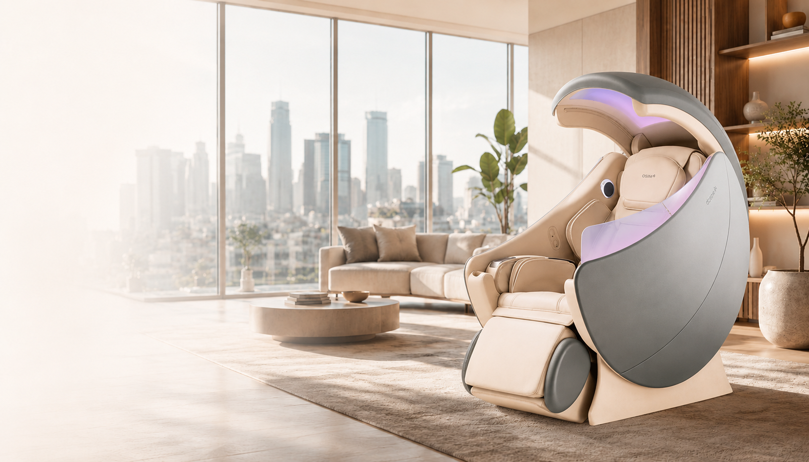 Osim massage chair in beige and gray with purple accents in a bright living room by large windows