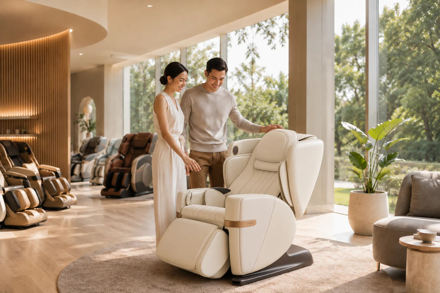 Osim massage chair in a bright lounge with a couple standing beside it near large windows
