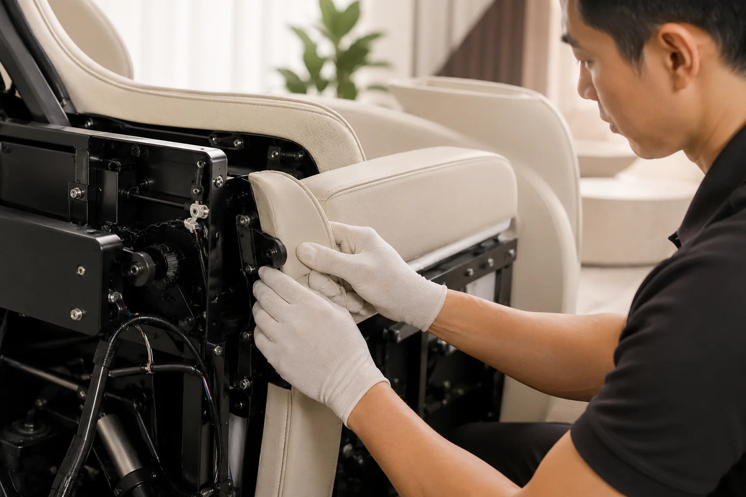 Osim caregiver adjusts a beige wheelchair seat with gloved hands beside an open control panel