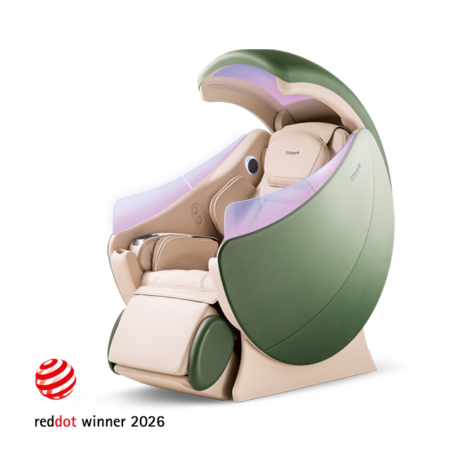 uDream.AI Well-Being Massage Chair in green and beige with ergonomic design for full-body relaxation and innovative massage technology