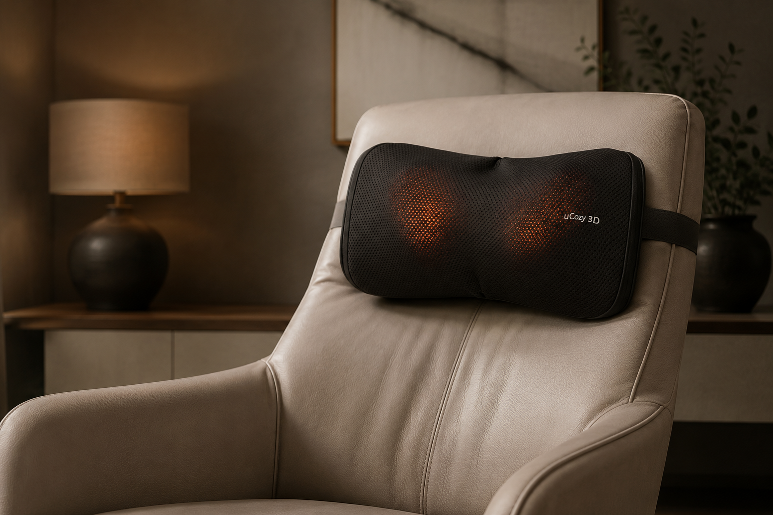 uCozy 3D Massage pillow on a beige armchair in a cozy room setting.