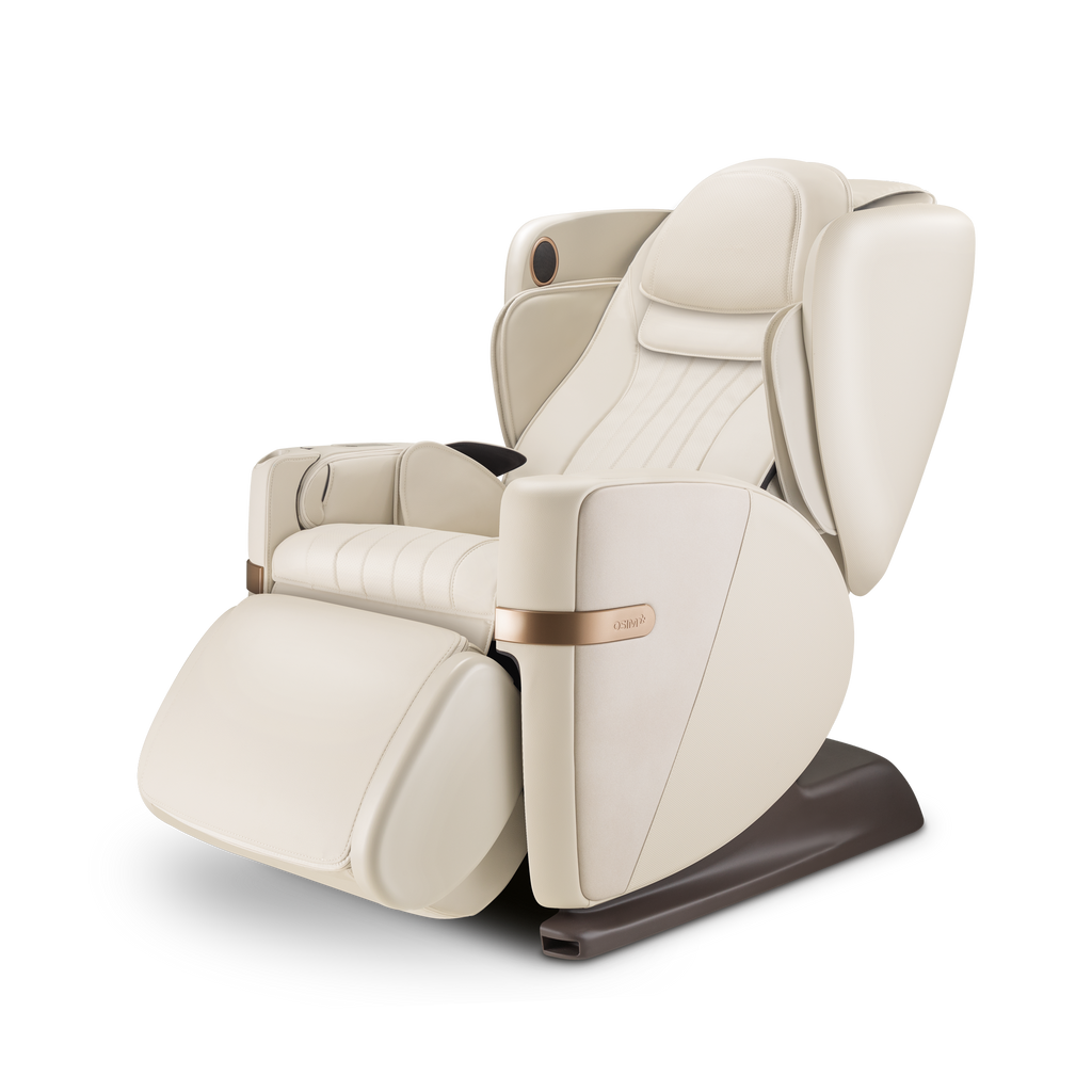 uDivine V3 Massage Chair in cream color with ergonomic design, plush cushioning, and footrest for full-body relaxation and advanced massage therapy.