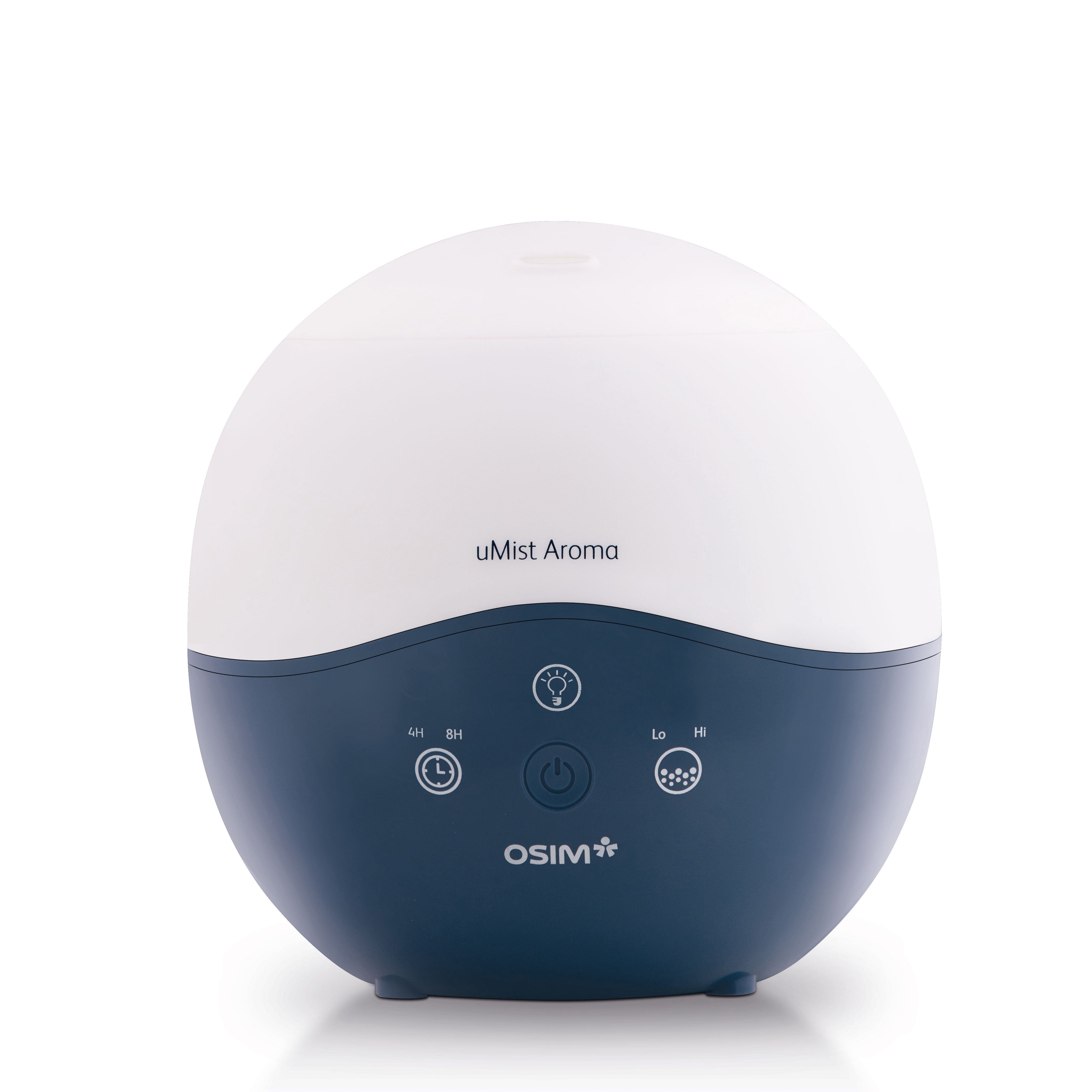 uMist Aroma Humidifier with a sleek white and navy blue design featuring intuitive control buttons for timer, light, and mist settings by OSIM