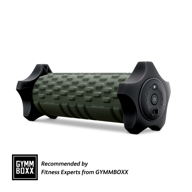 uRoller X-Sports Vibrating Foam Roller in dark green with textured surface and control buttons for targeted muscle massage and recovery.