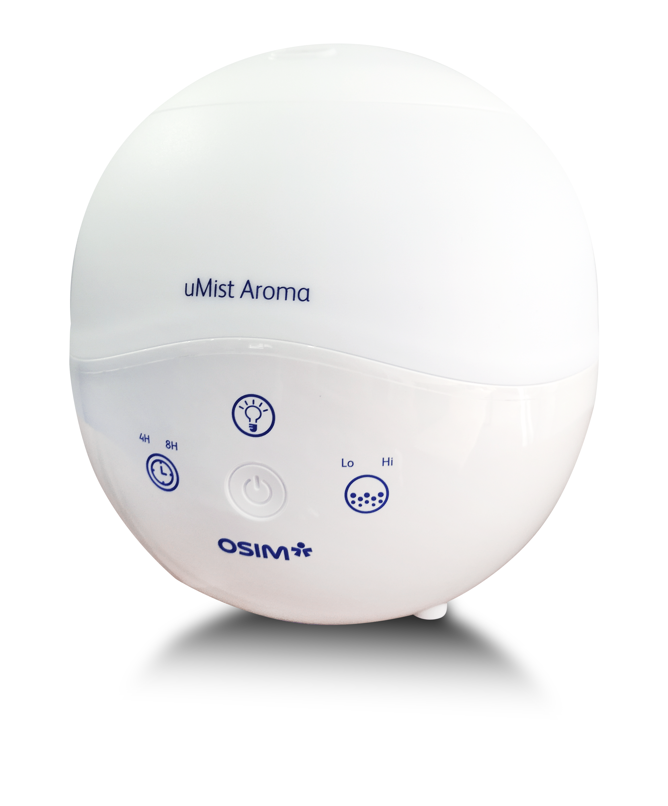 uMist Aroma Humidifier by OSIM shown in white with control buttons for timer, light, and mist intensity settings on a smooth, rounded design