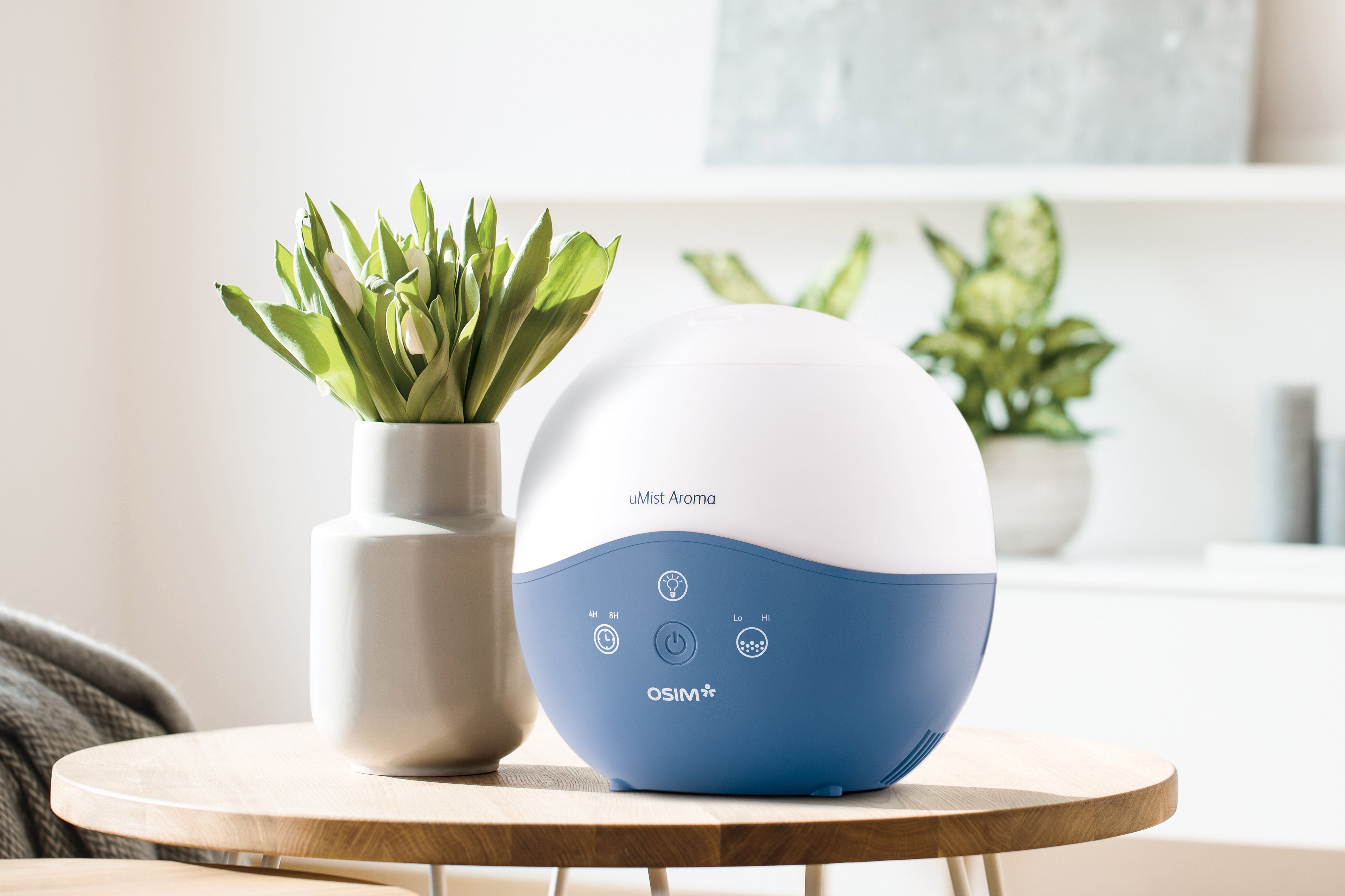 uMist Aroma Humidifier in a blue and white design placed on a wooden table next to a small vase with green plants in a bright room setting