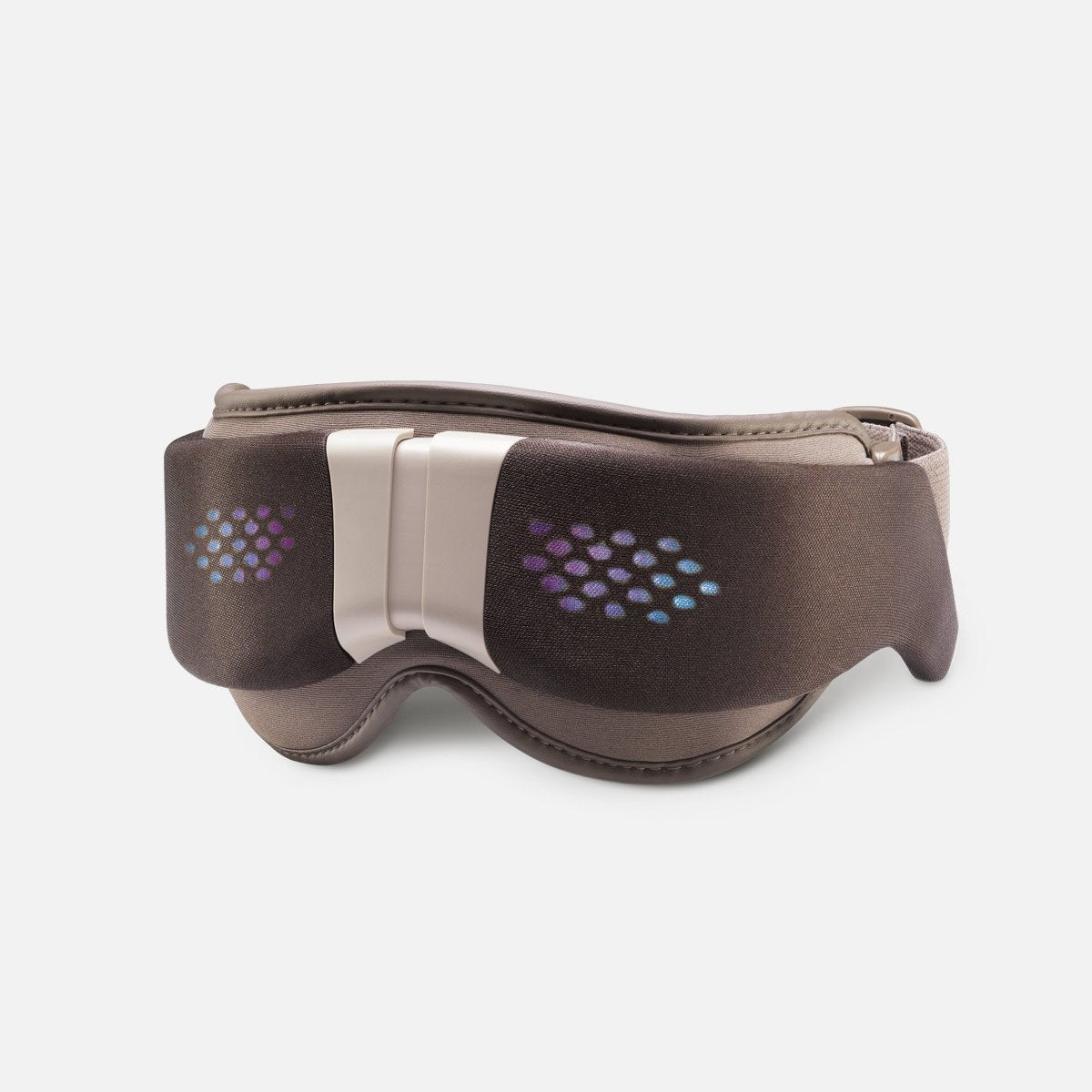 A sleek, modern eye massager with a soft fabric exterior and colorful LED mood lights on the front.