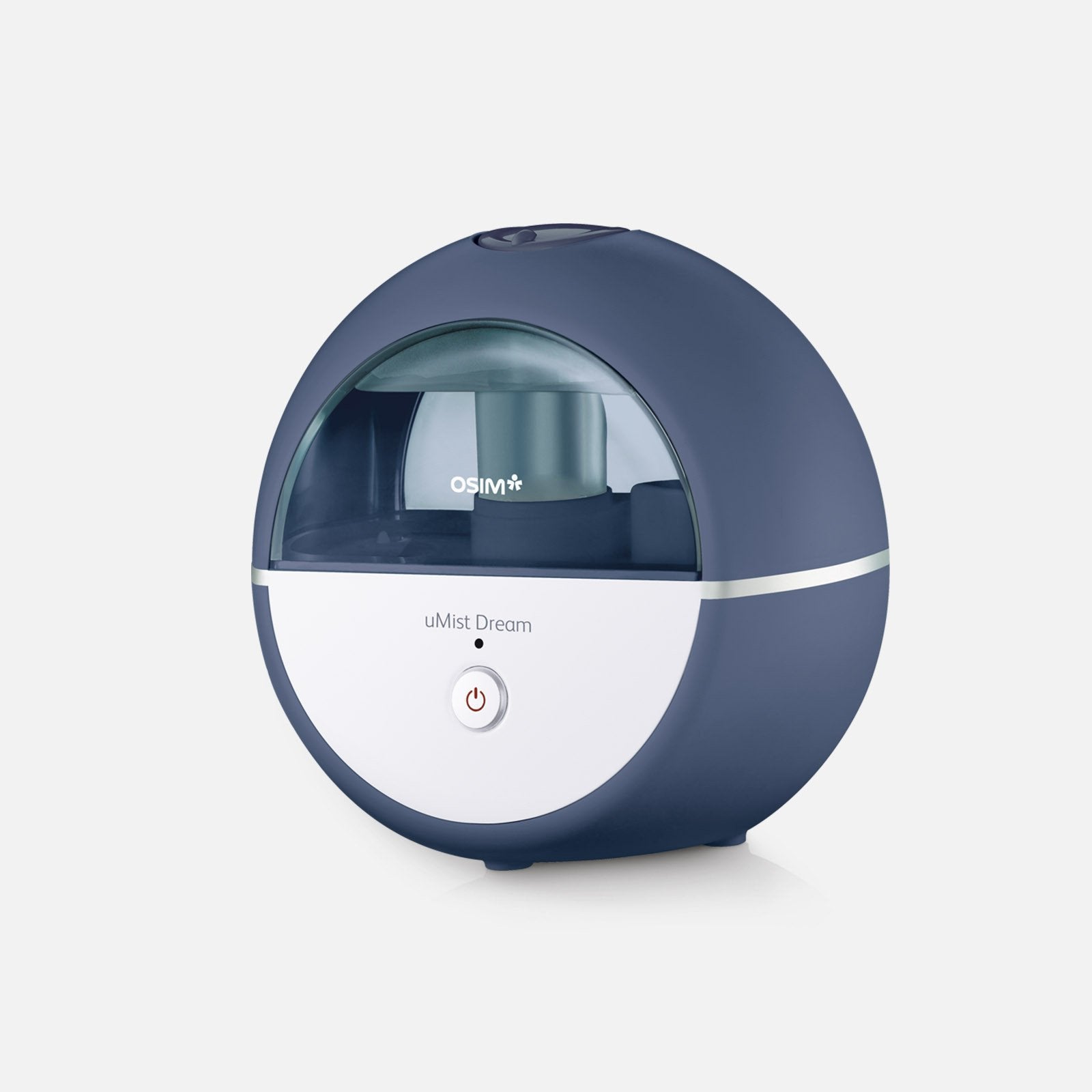 A sleek, rounded navy blue humidifier with a transparent top and a white control panel is displayed on a neutral.