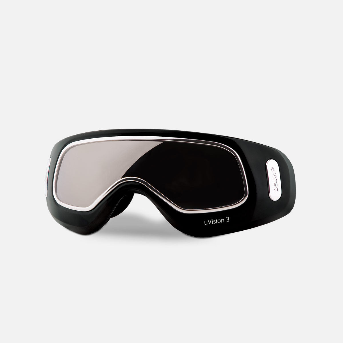 Black sleek eye massager device with reflective lens and contour design, labeled uDivineV Eye Massager for advanced eye therapy.