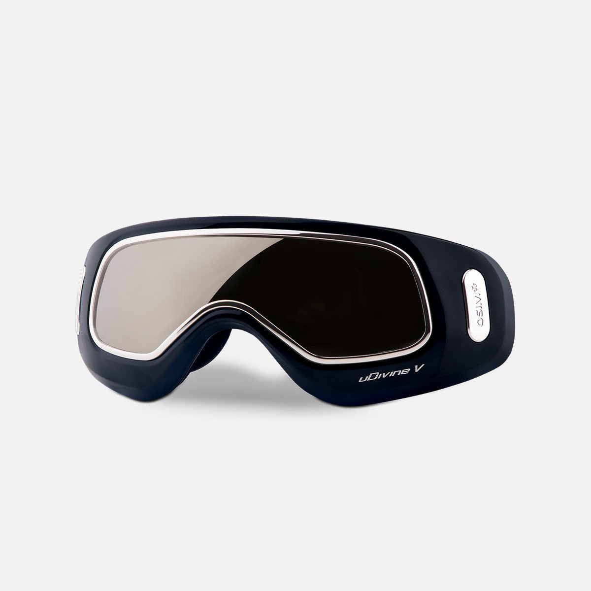 uDivineV Eye Massager in sleek black with reflective lens designed for soothing eye massage and relaxation therapy.